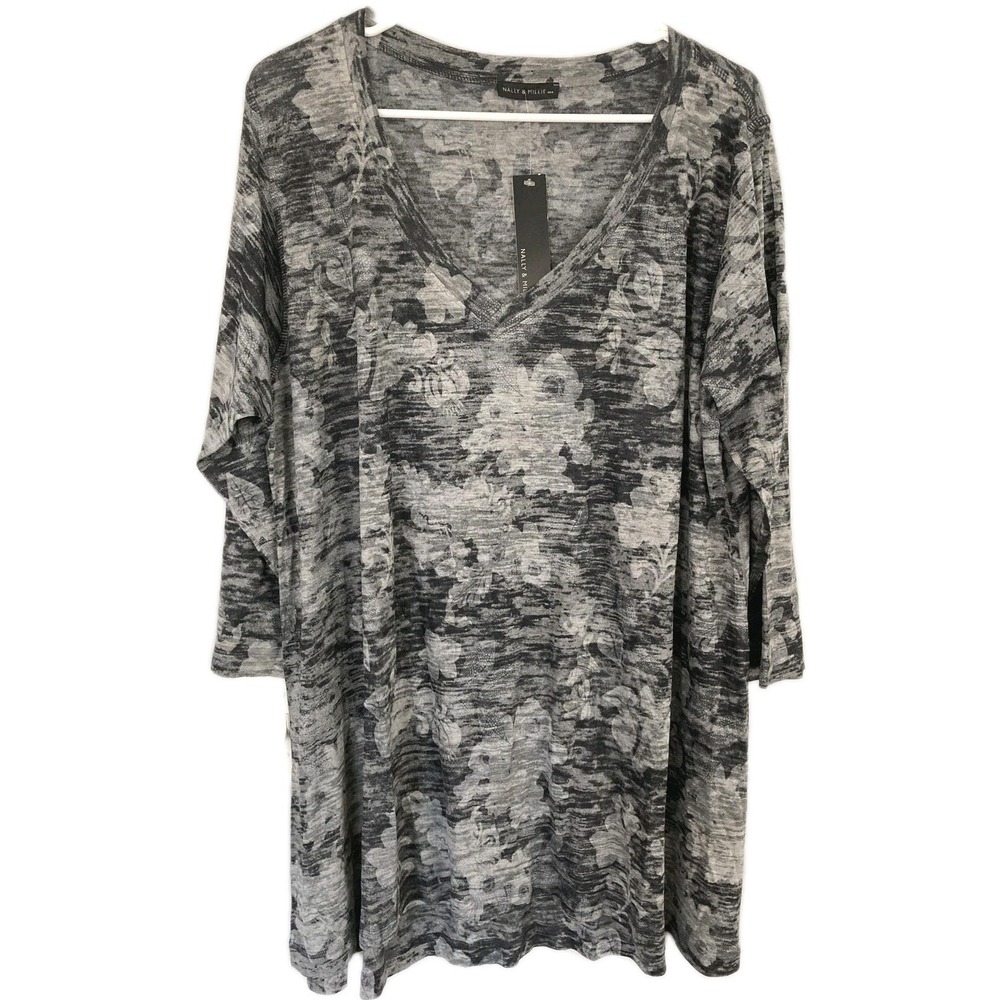 Nally & Millie Tunic Top Women 1X Gray Floral V Neck 3/4 Sleeve USA Stretch NWT